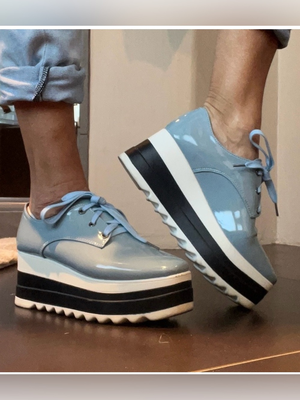 Patent Platform Lace-Up Shoes in Light Blue